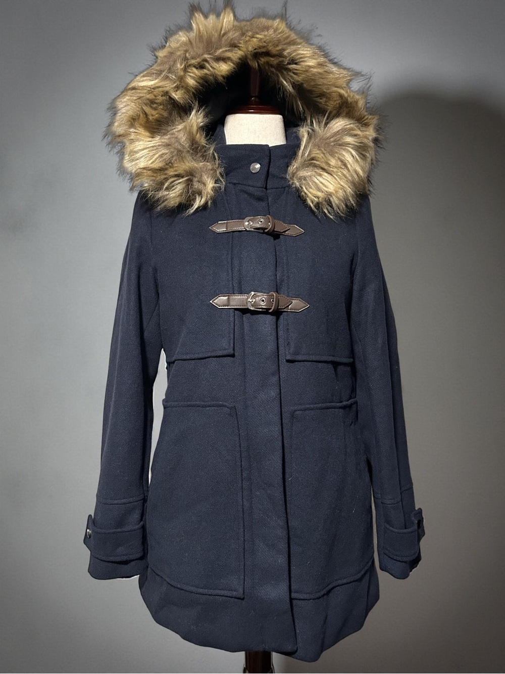 Women’s Navy Hooded Toggle Pea Coat with Faux Fur Trim
